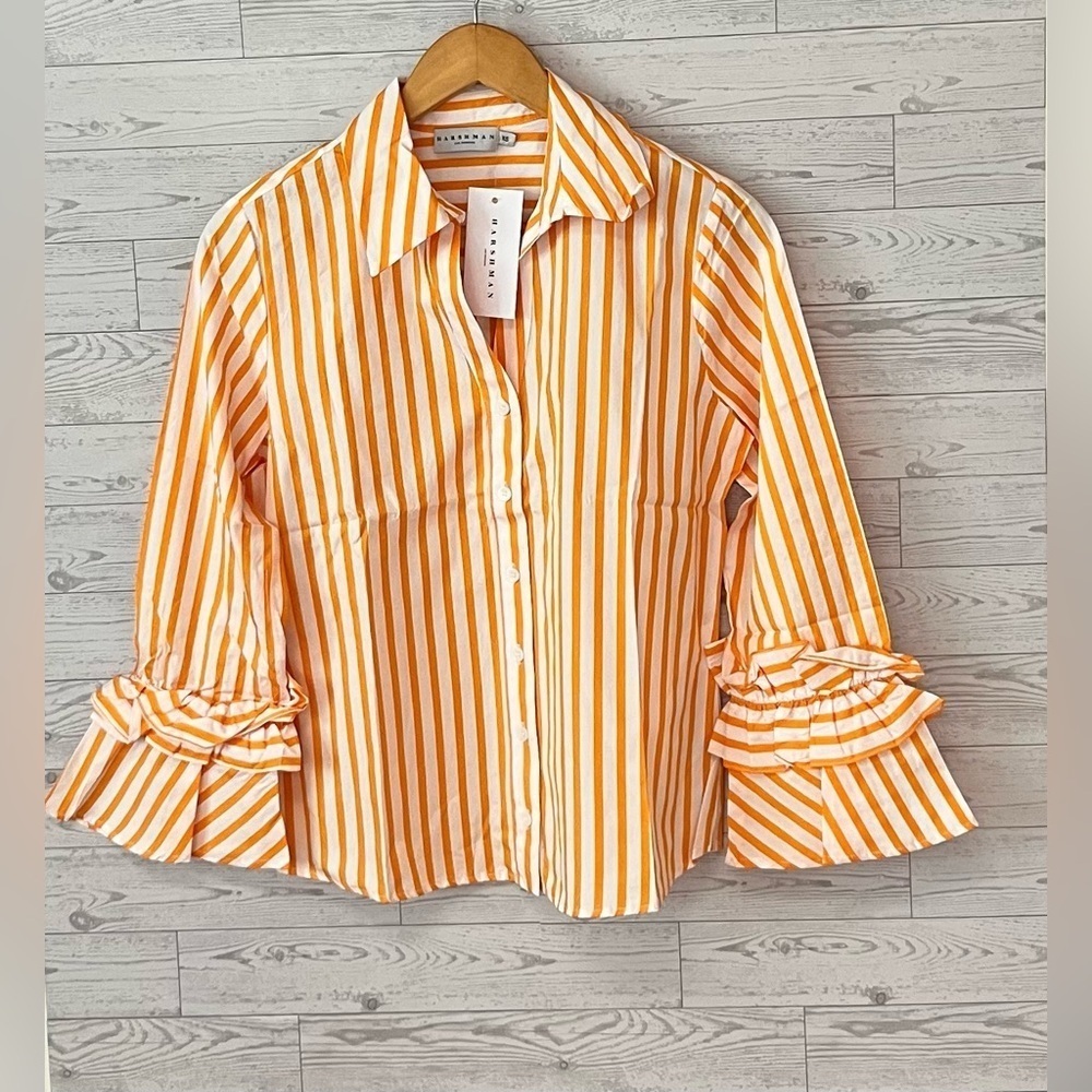 Harshman Selina Cotton Button Front Ruffle-Trim Top Women’s XS Striped Marigold - Picture 4 of 13